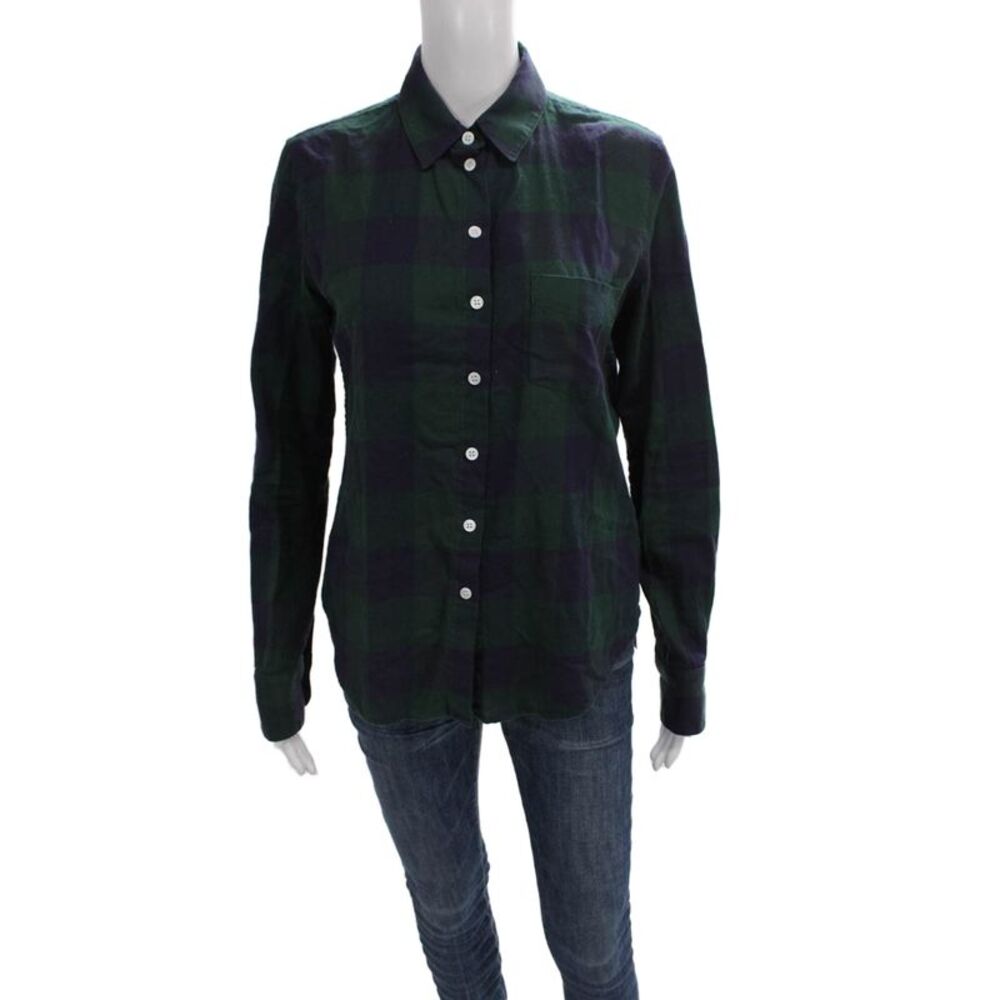 Band Of Outsiders Women Green Plaid Collared Button-Up Top Size 1